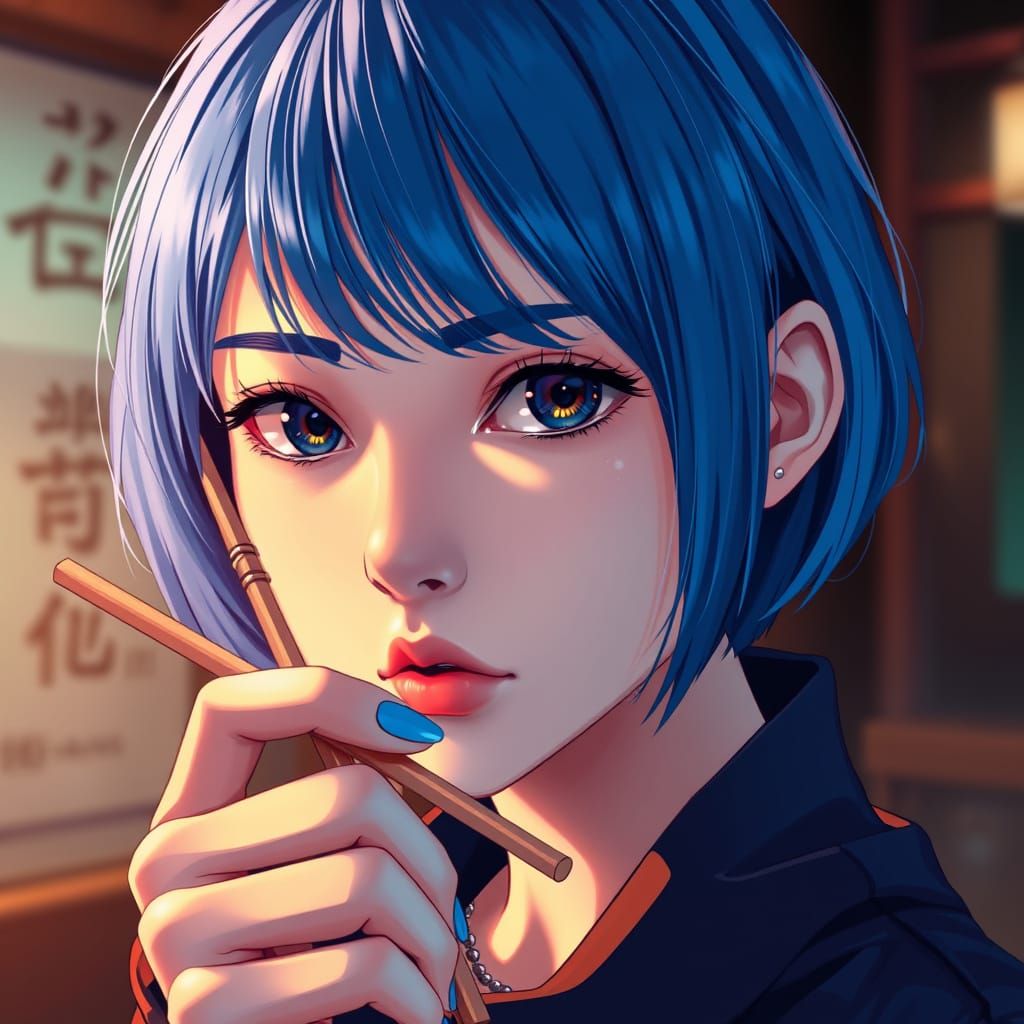 Blue-Haired Anime Goddess with Chopstick, in Semirealistic A...