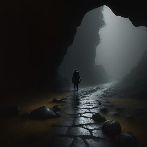 Dark Fantasy Cave Path in Heavy Rain