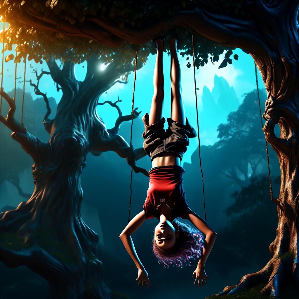 A picture of a young girl hanging up hanging upside down fro...