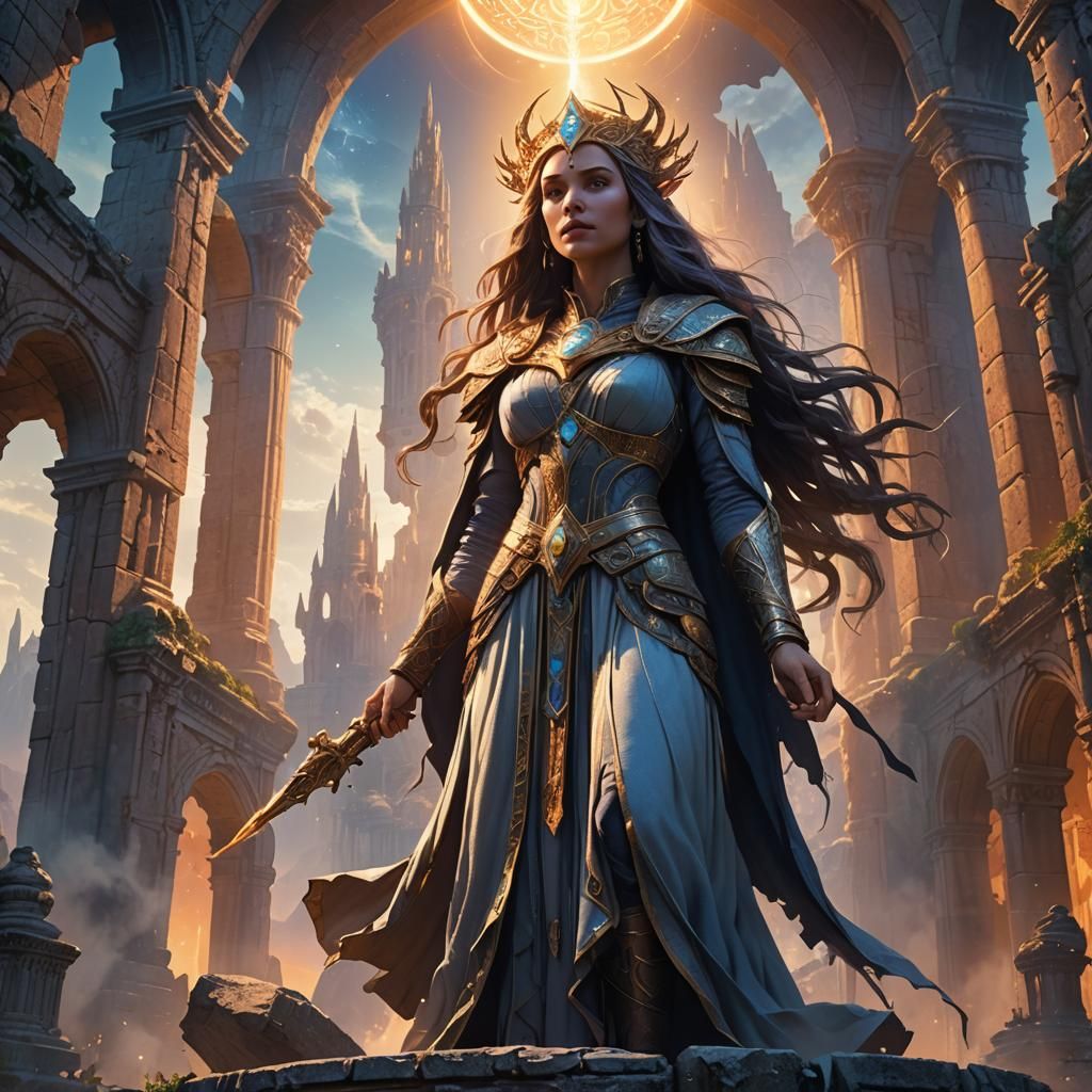 Ethereal Regal Sorceress on Ancient Ruins in Vibrant Dawn Li...