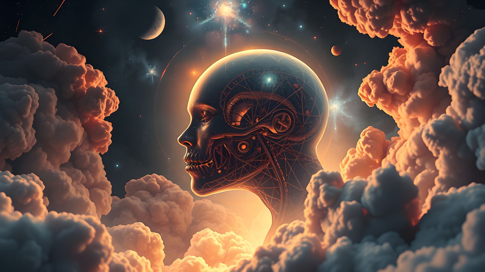 Cosmic Cyborg Embryo: Space-Time Oil Painting