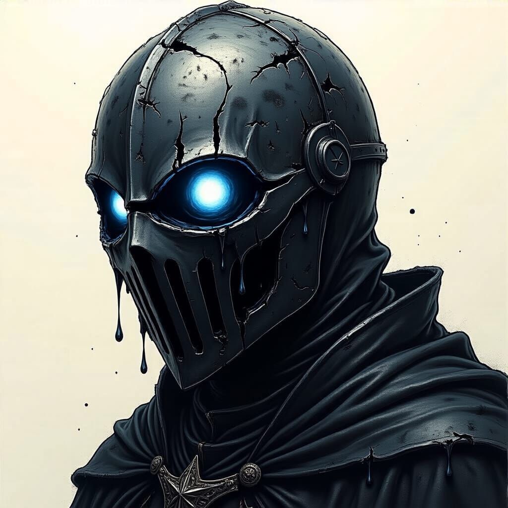 Melancholic Knight Helmet of Liquid Metal with Glowing Eyes