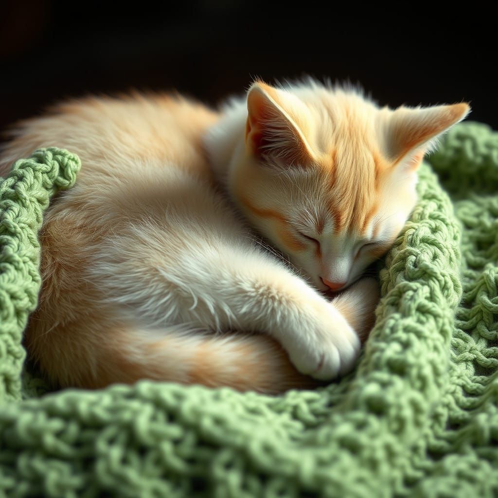 Fantastical Cream Cat on a Vibrant Green Crochet Blanket