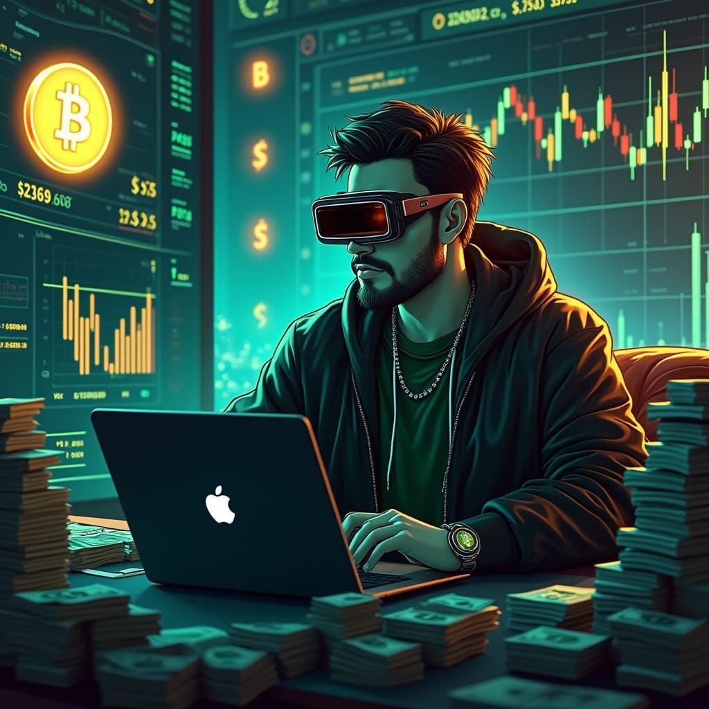 Cyberpunk Trader in AR Glasses Surrounded by Crypto Data