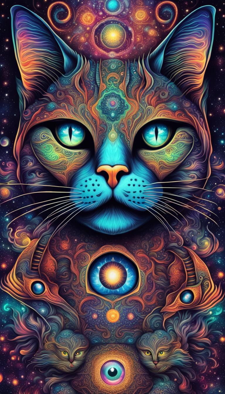 Surreal Psychedelic Cat with Third Eye in Space