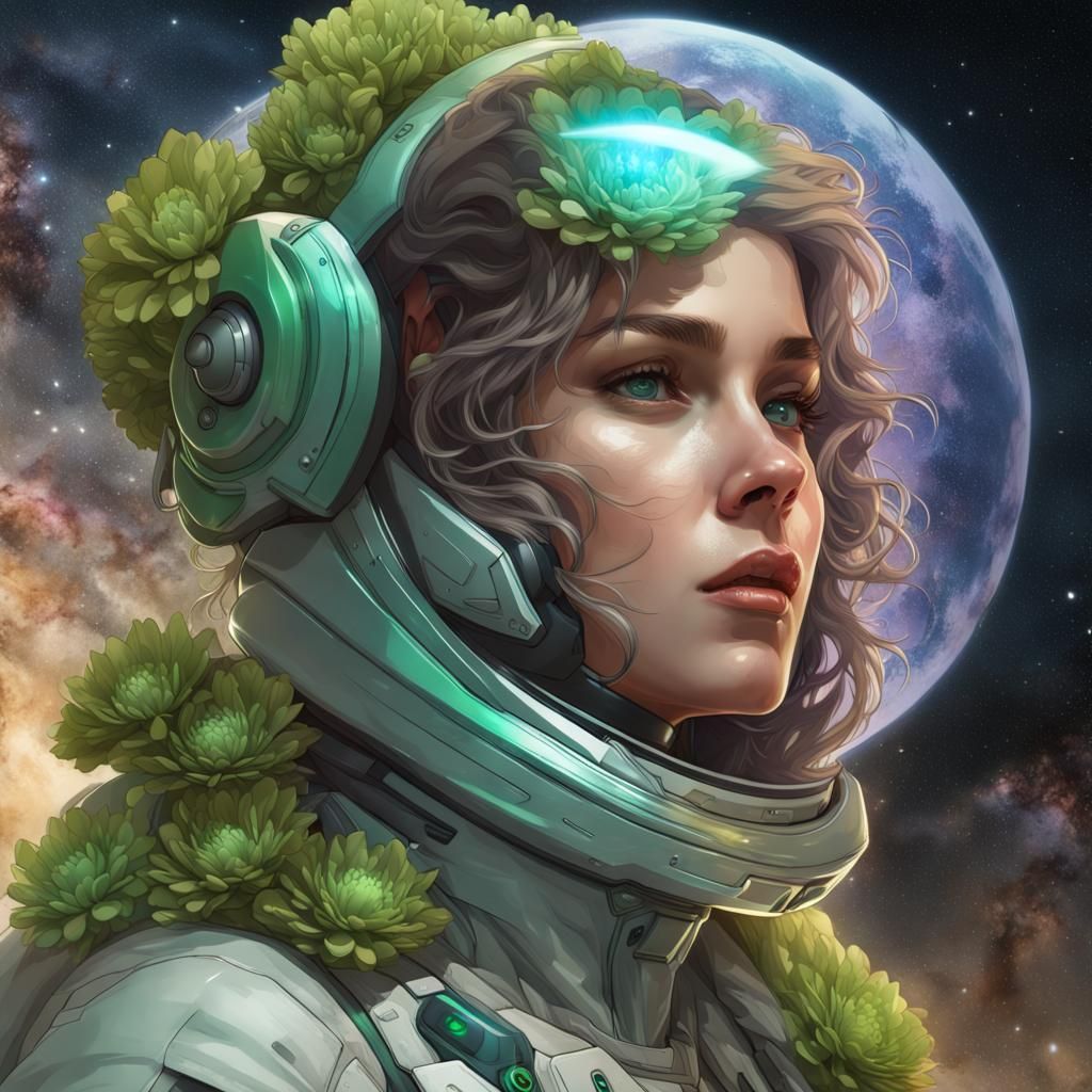 Girl in Spacesuit with Flowers, Hyperdetailed Art