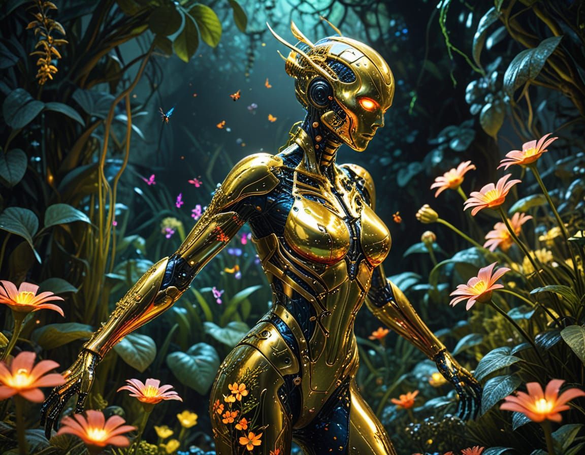 Gold Android in Bioluminescent Garden, Acrylic Art