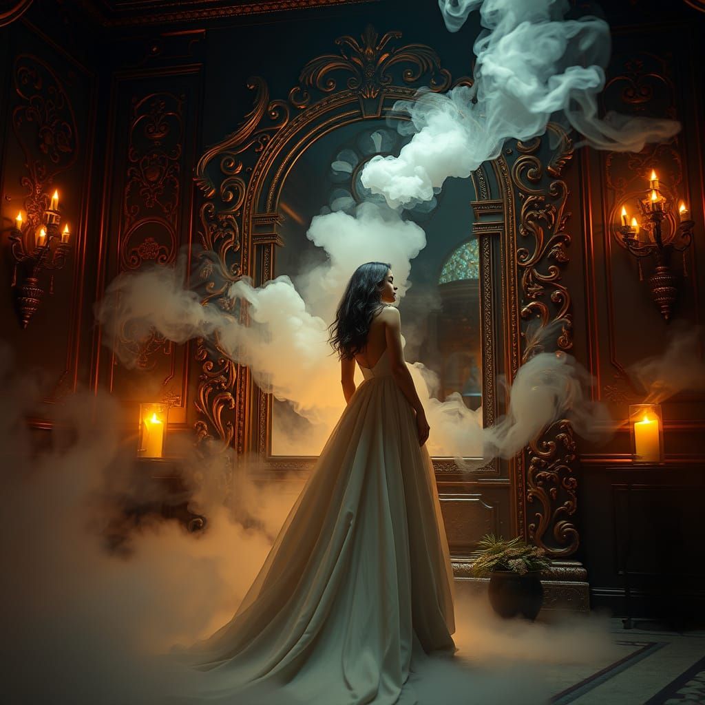 Mystical Woman in Flowing Gown by Mirror