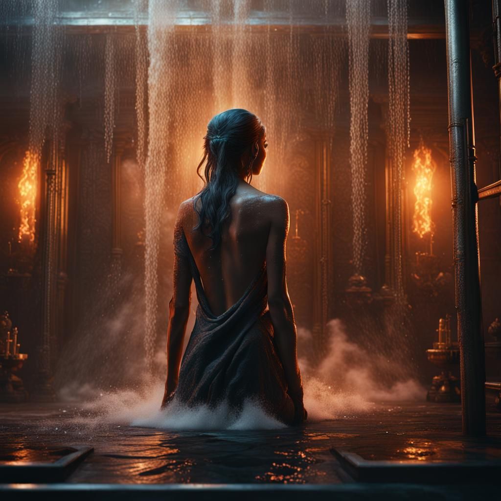 Woman Enters Steamy Shower: Detailed Matte Painting
