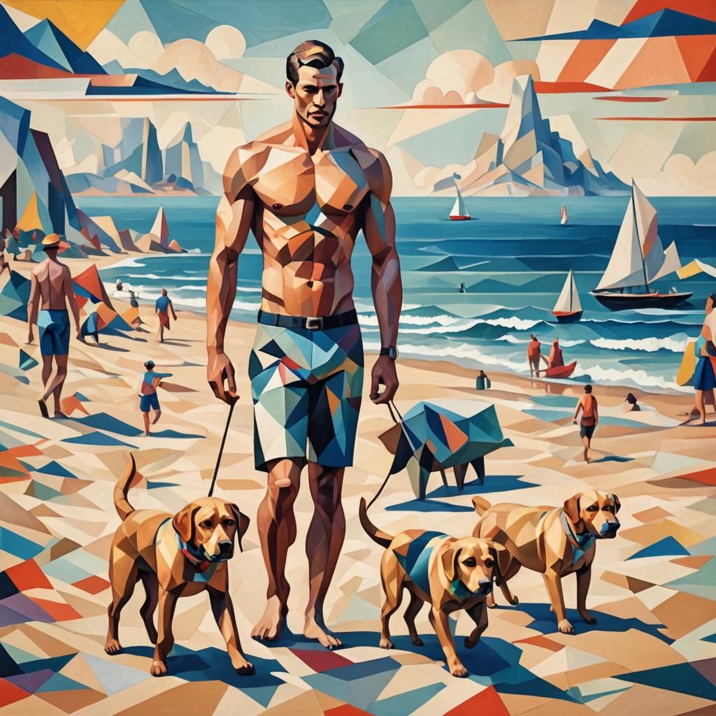 Cubist Man and Labrador on Beach, Geometric Art