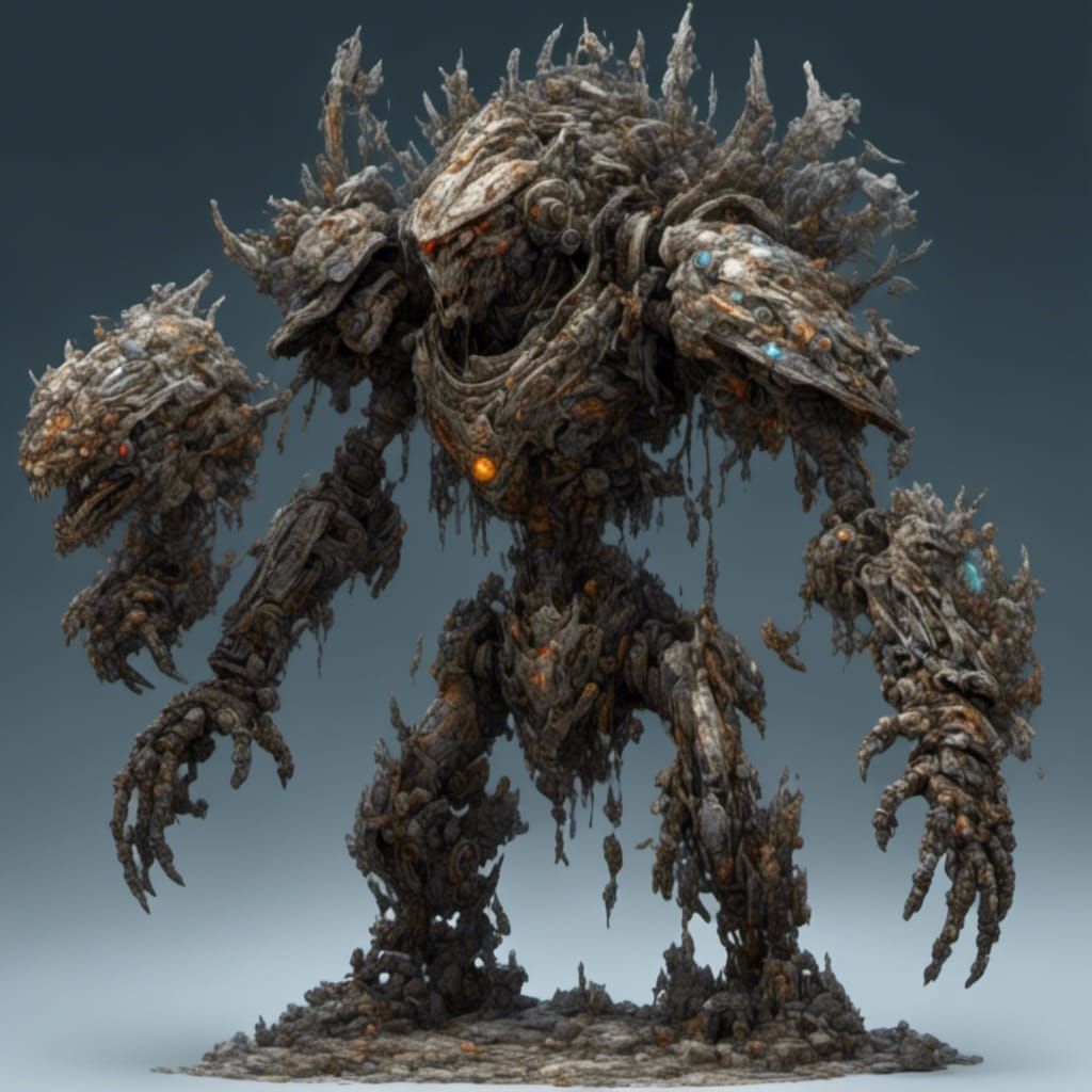 Hyperreal Mechanical Stone Golem in Dynamic Pose