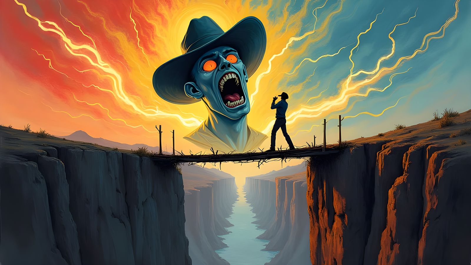 Existential Cowboy Scream in a Vast, Surreal Canyon
