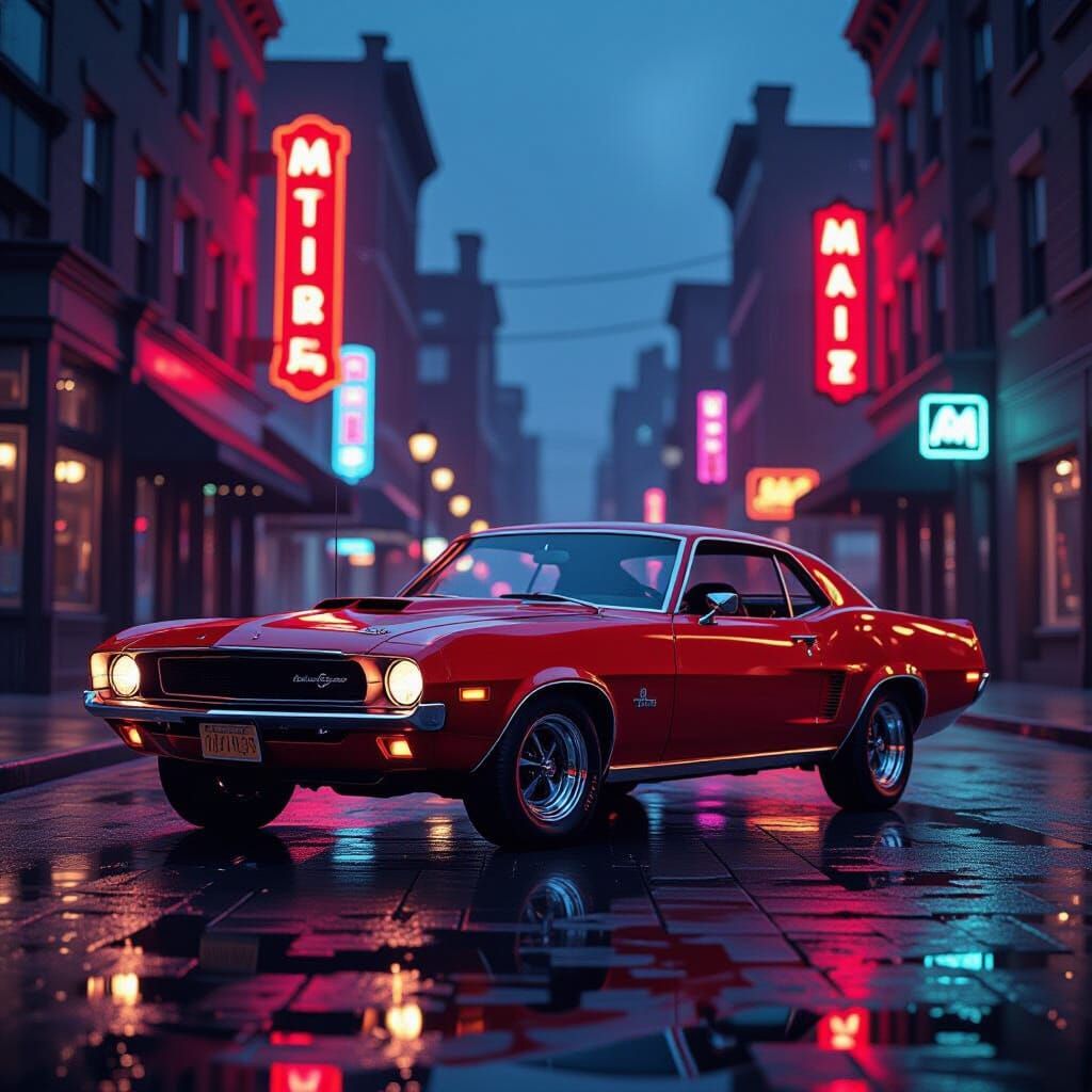 Crimson Muscle Car on Wet Cobblestone Street at Twilight