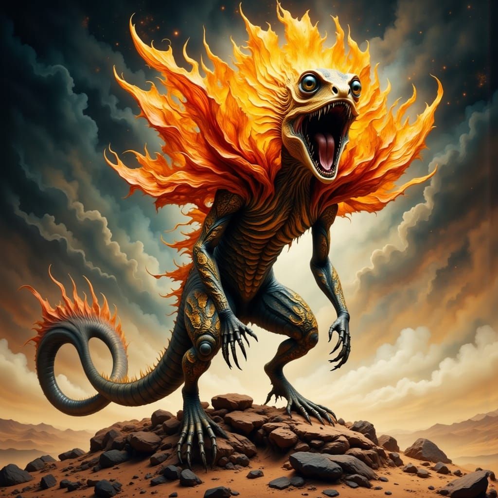 Luminous Frilled Lizard Emerges from Sunset Desert