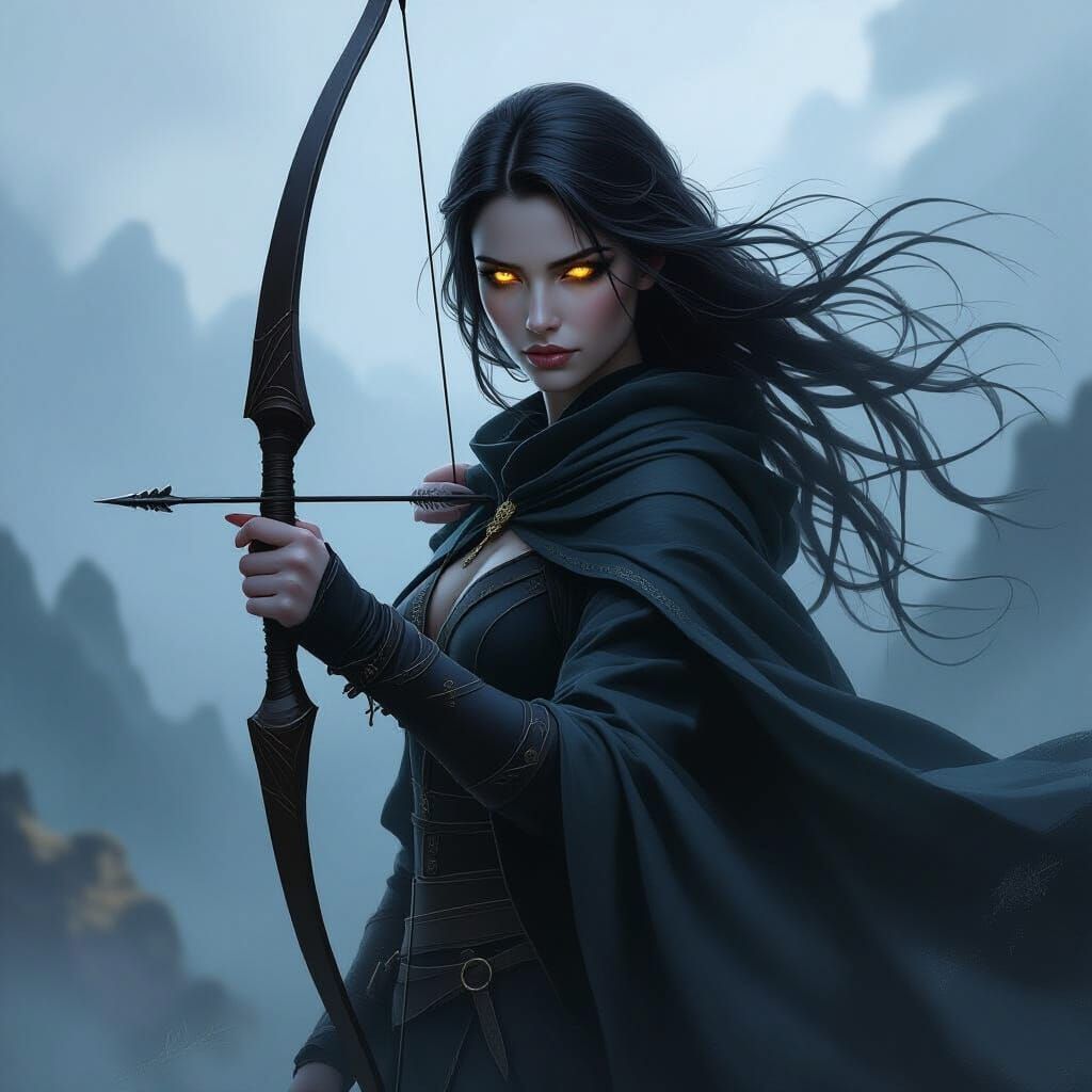 Mysterious Female Archer in Atmospheric Oil Painterly Fantas...