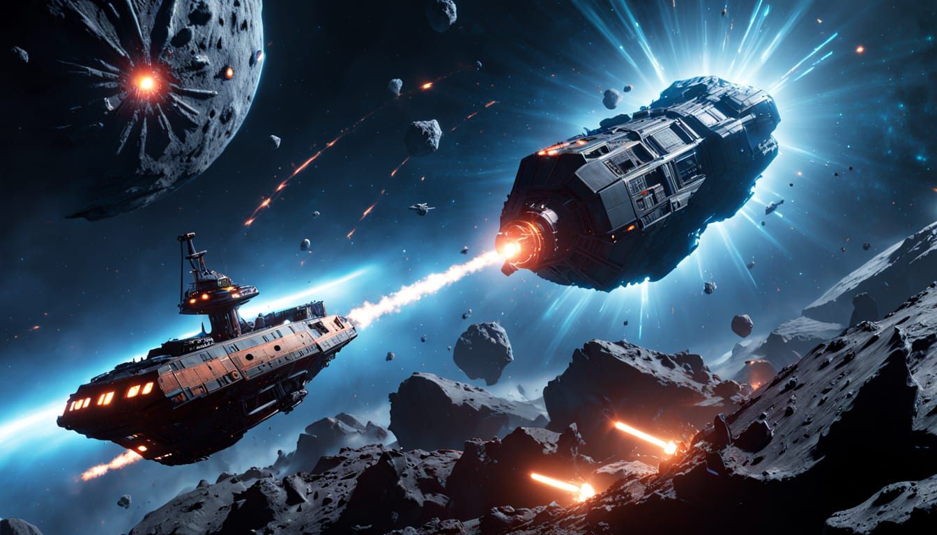 Spaceship Tugboat Towing Damaged Ship in Asteroid Field