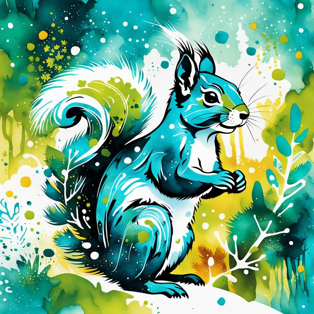 Squirrel in Rainforest: Abstract Expressionist Ink Drawing