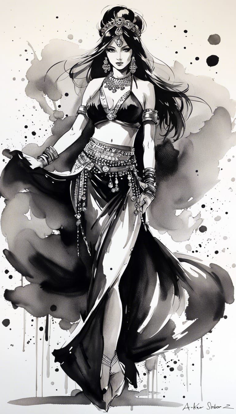 Elaborate Belly Dancer in Ink Portrait Style