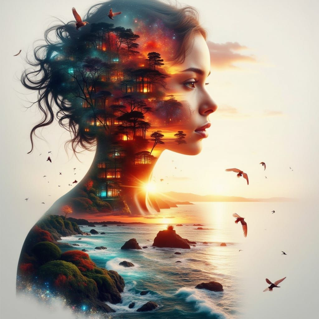 Goddess Silhouette Merged With Sunset Coast Double Exposure