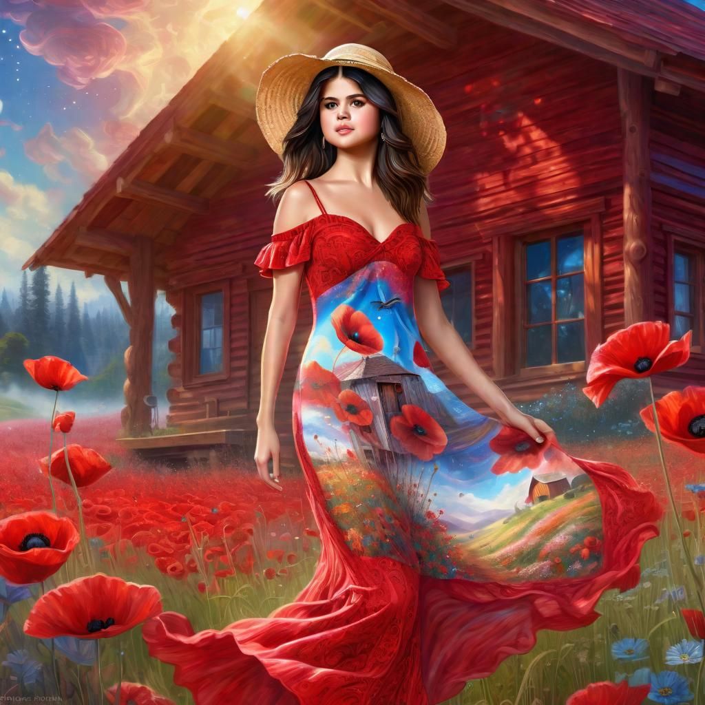 Selena Gomez in a Red printed sensual dress, Strawhat with flowers, poppy field, Wooden Cabin, Sunny,Head and Shoulders,...