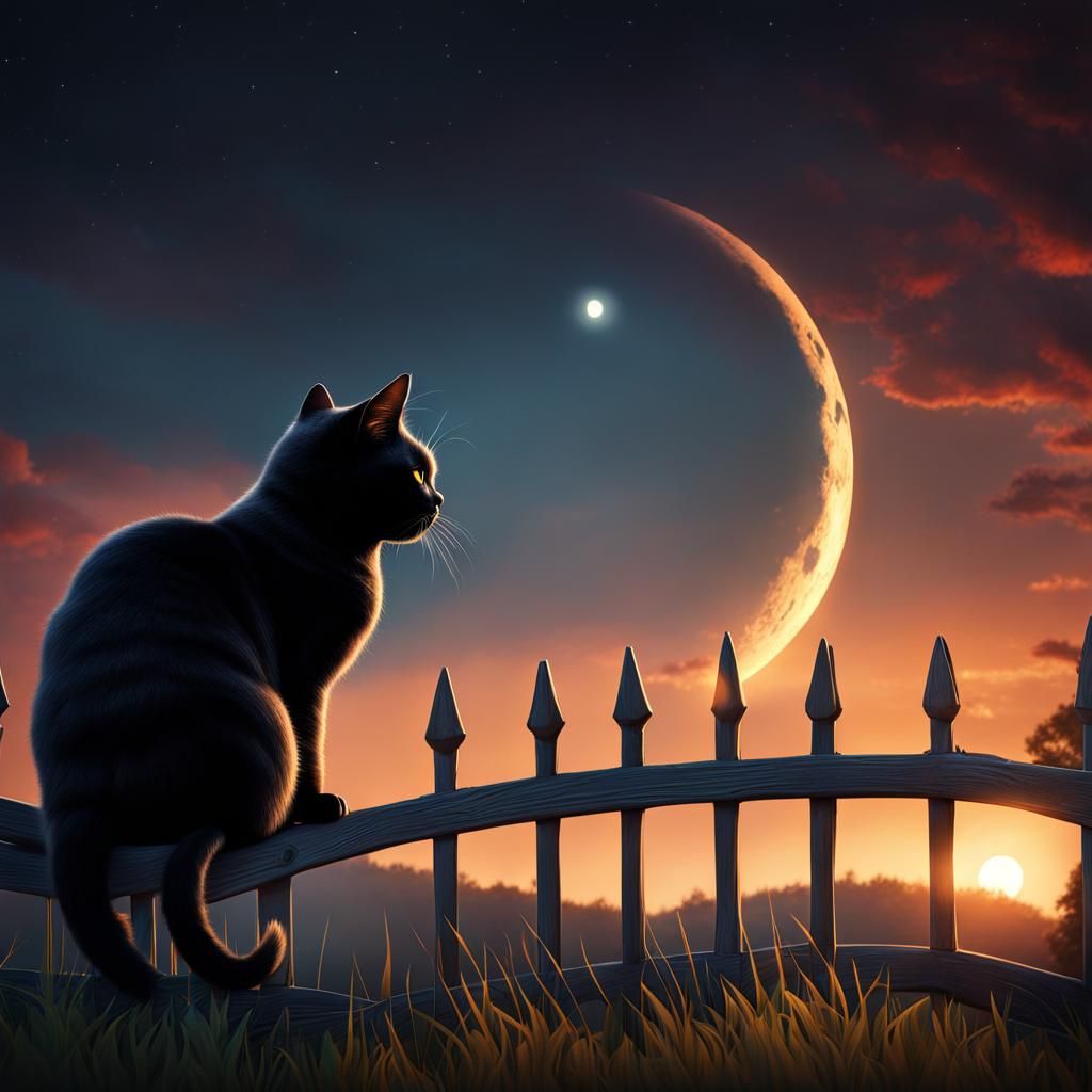 Black British Shorthair Cat Gazing at Moon