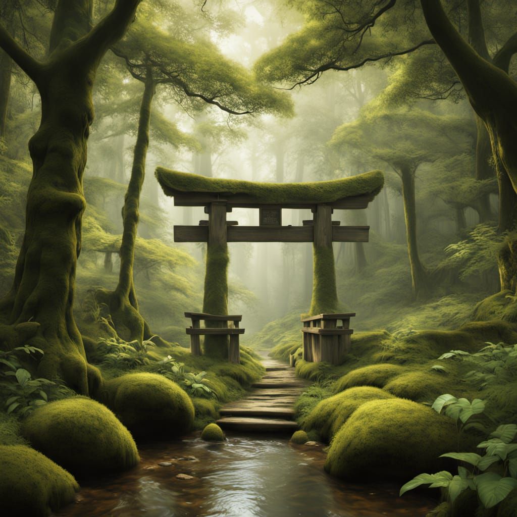 Serene Mossy Forest Path with Sun Rays and Torii Gate