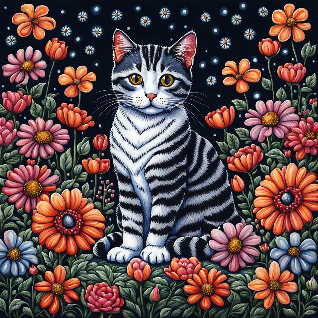 Cat on Pillow Surrounded by Flowers Wood Engraving