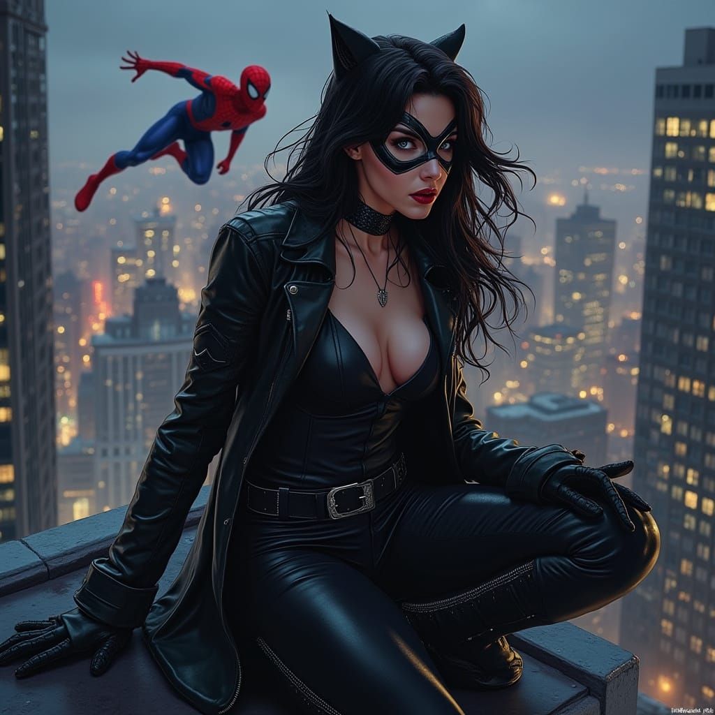 Black Cat Poses with Spiderman: Comic Book Art