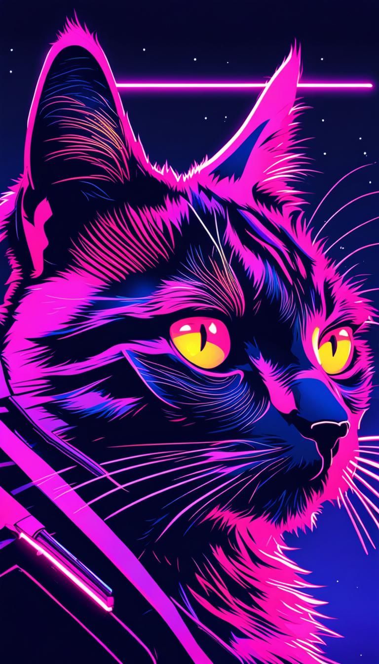 Synthwave Cat Portrait in Neon Retro Style