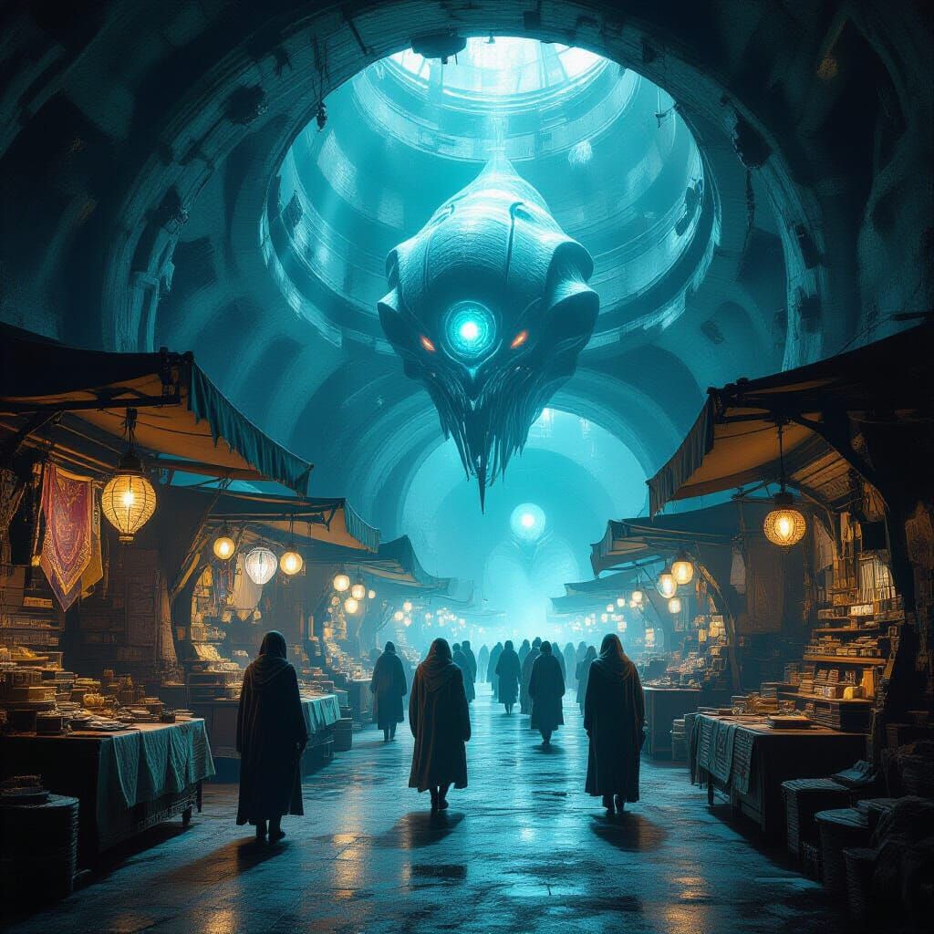 Zero-Gravity Alien Market in Bioluminescent Space Creature