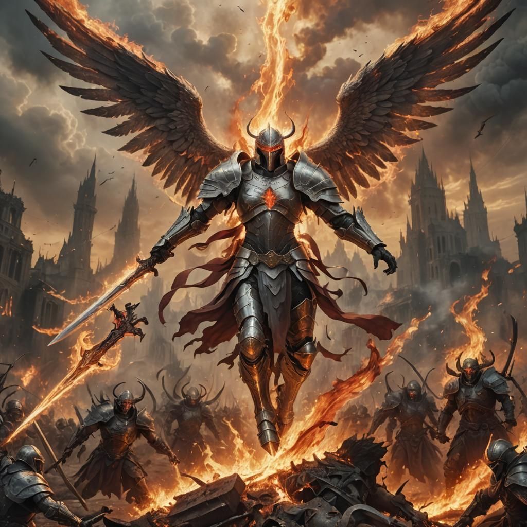 Armored Angel in Apocalyptic Demon Battle