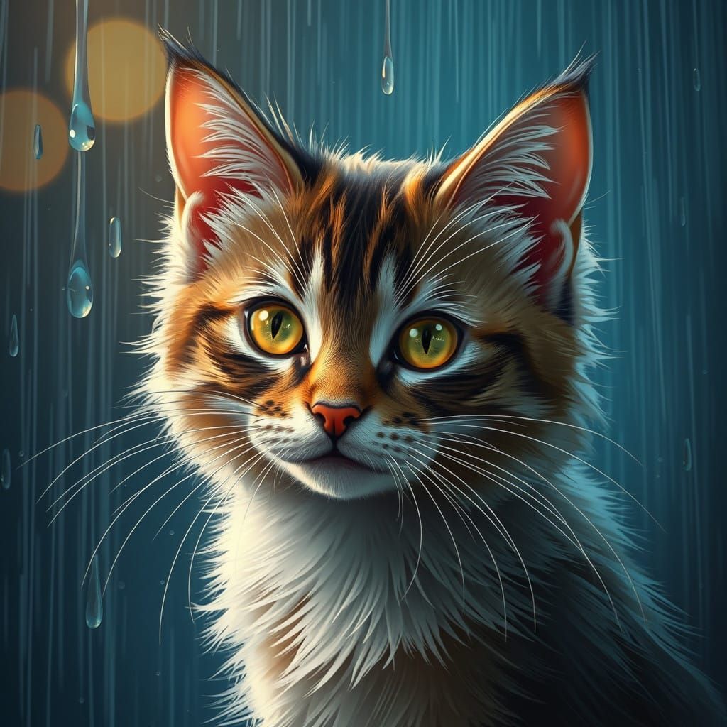 Vigilant Cat Shakes Off Raindrops in Splashing Watercolor St...