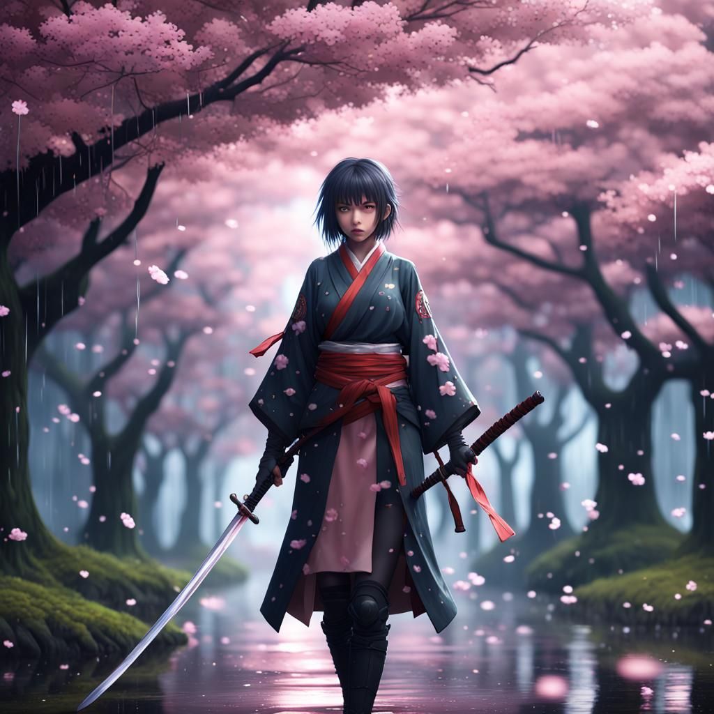 Anime Girl with Katana in Cherry Blossom Rain