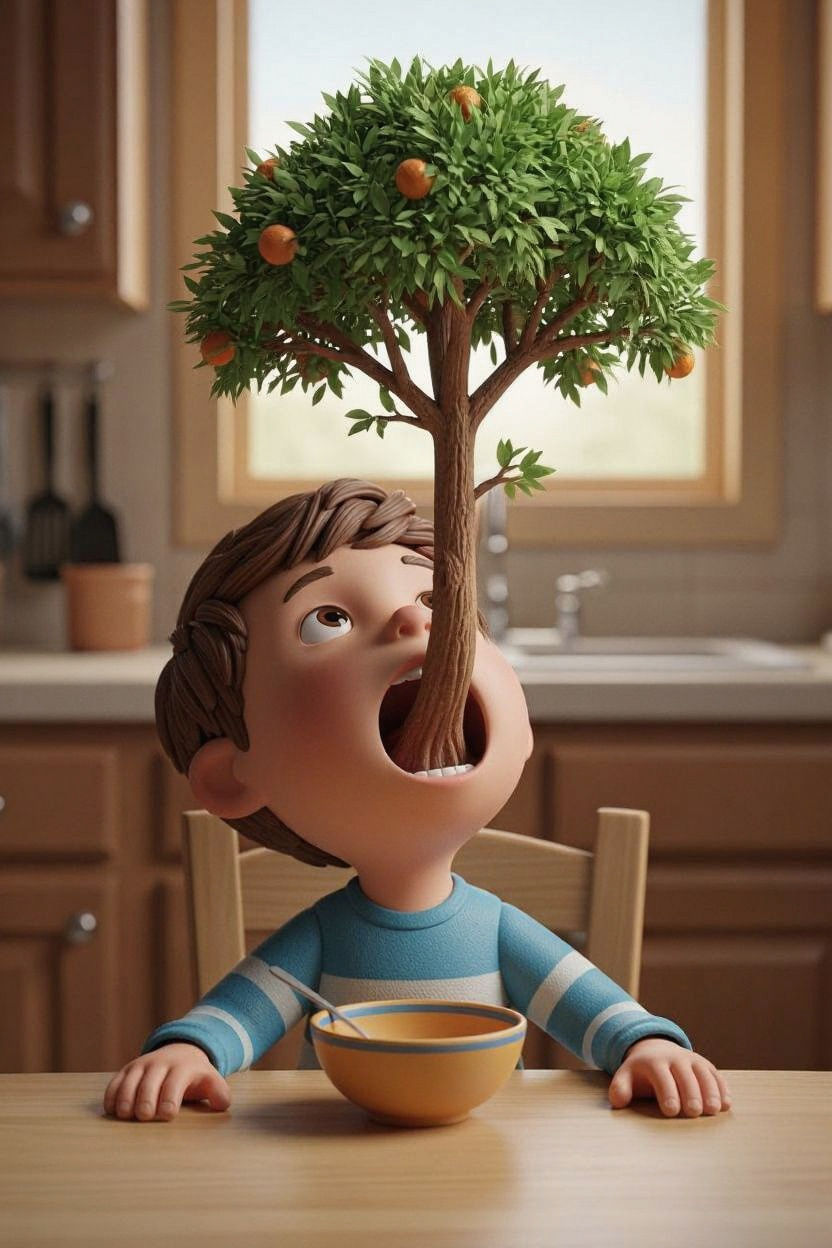 Tree Grows From Child's Mouth in Cartoon Style