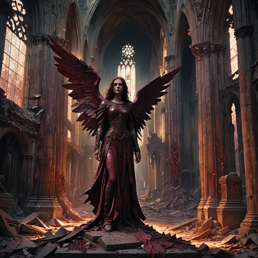 Maroon Angel in Gothic Cathedral: Dark Fantasy Art
