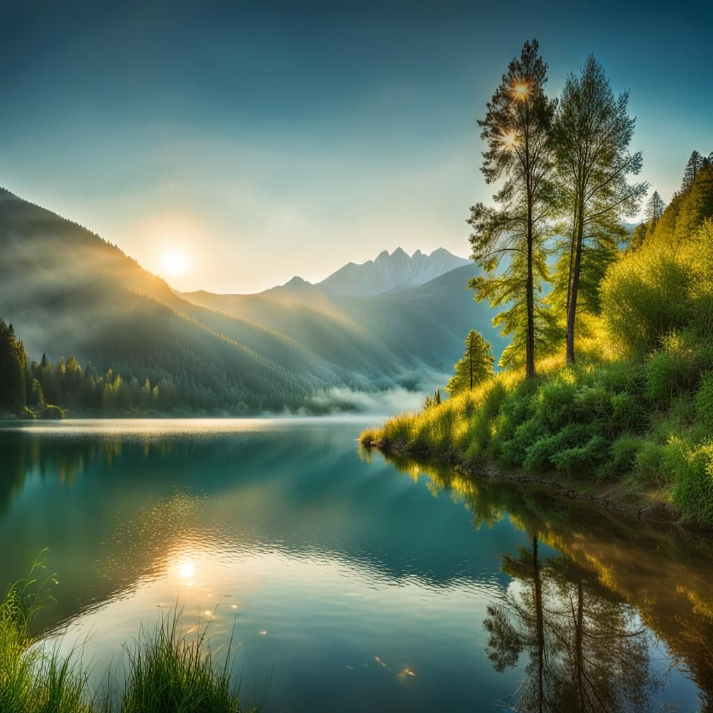 Serene Blue Lake Reflecting Green Mountains at Golden Hour