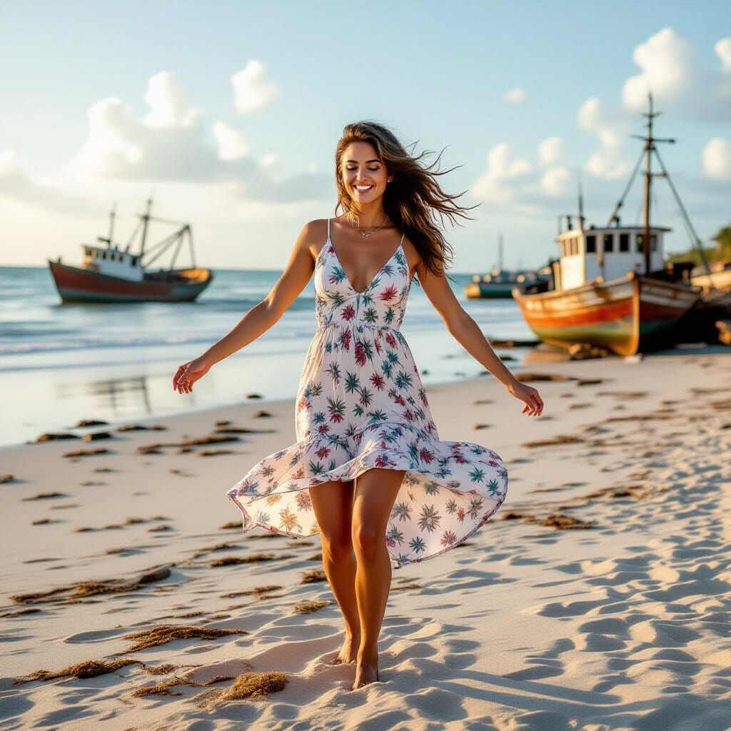 Woman Dances on Beach Amidst Shipwrecks