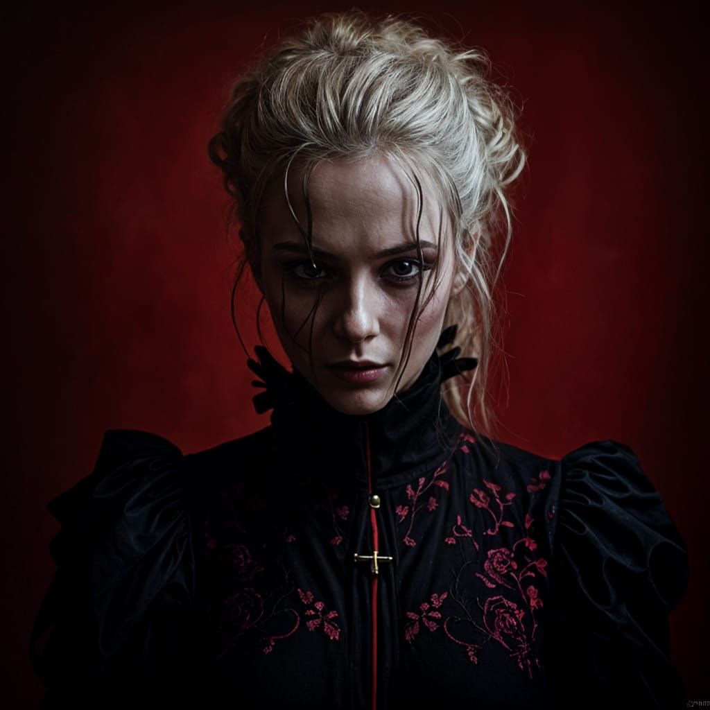 Albino Girl with Black Velvet Dress in Horror Setting