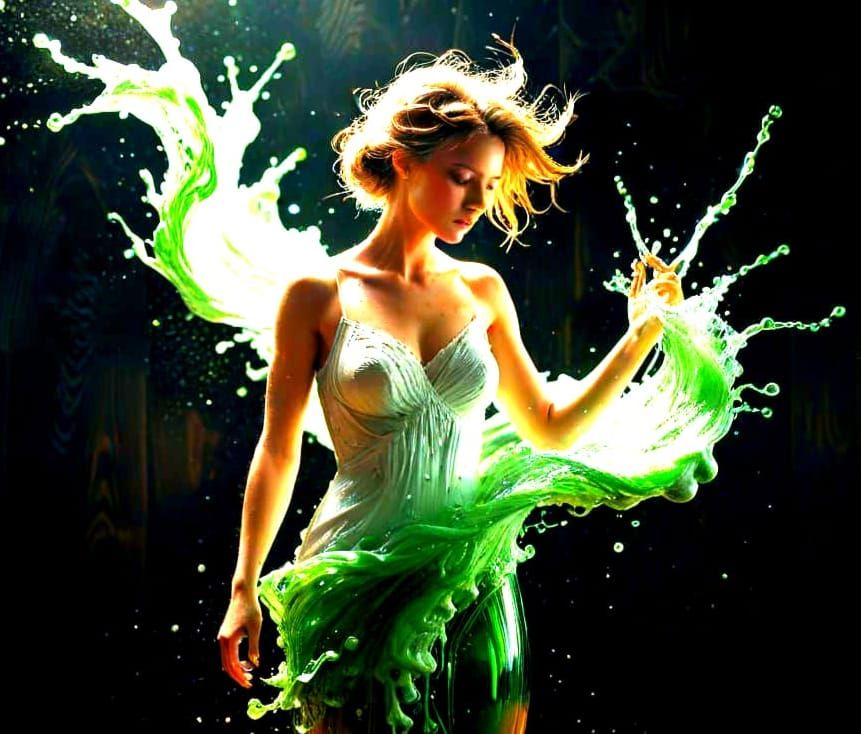 Woman Formed of Foam in a Green Carbonated Drink