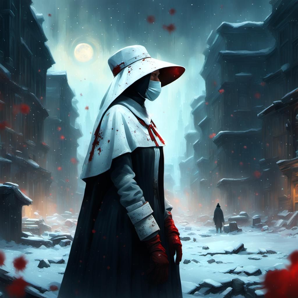 Dark Surrealist Concept Art of Surgical Nun in Ruined Citysc...