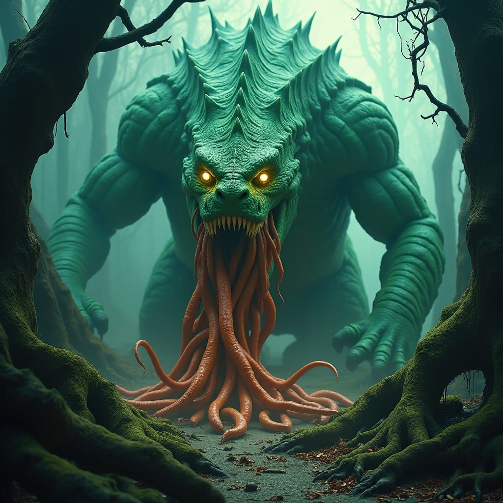 Emerald Monster Devouring Worms in Mystical Forest