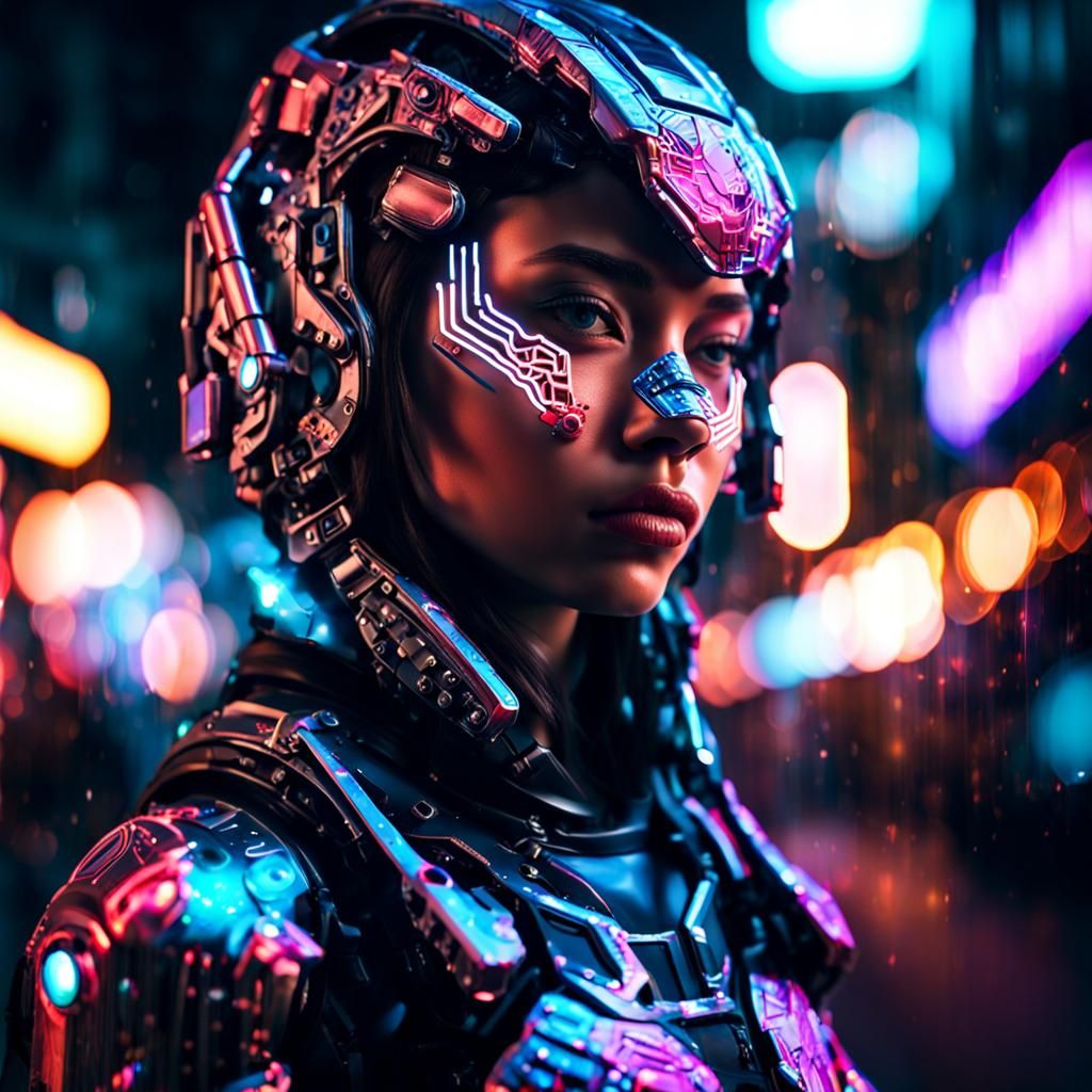 Cyborg Girl Portrait in Neon Cityscape
