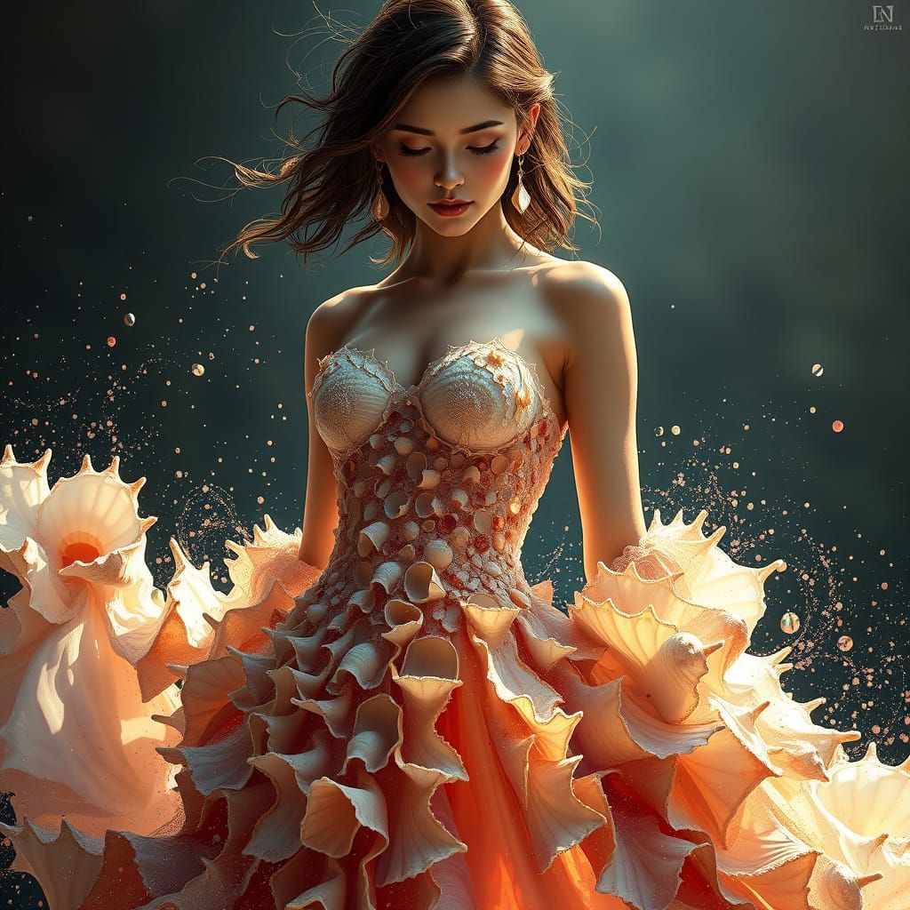 Surreal Portrait of a Woman in a Sea Shell Dress, Created in...