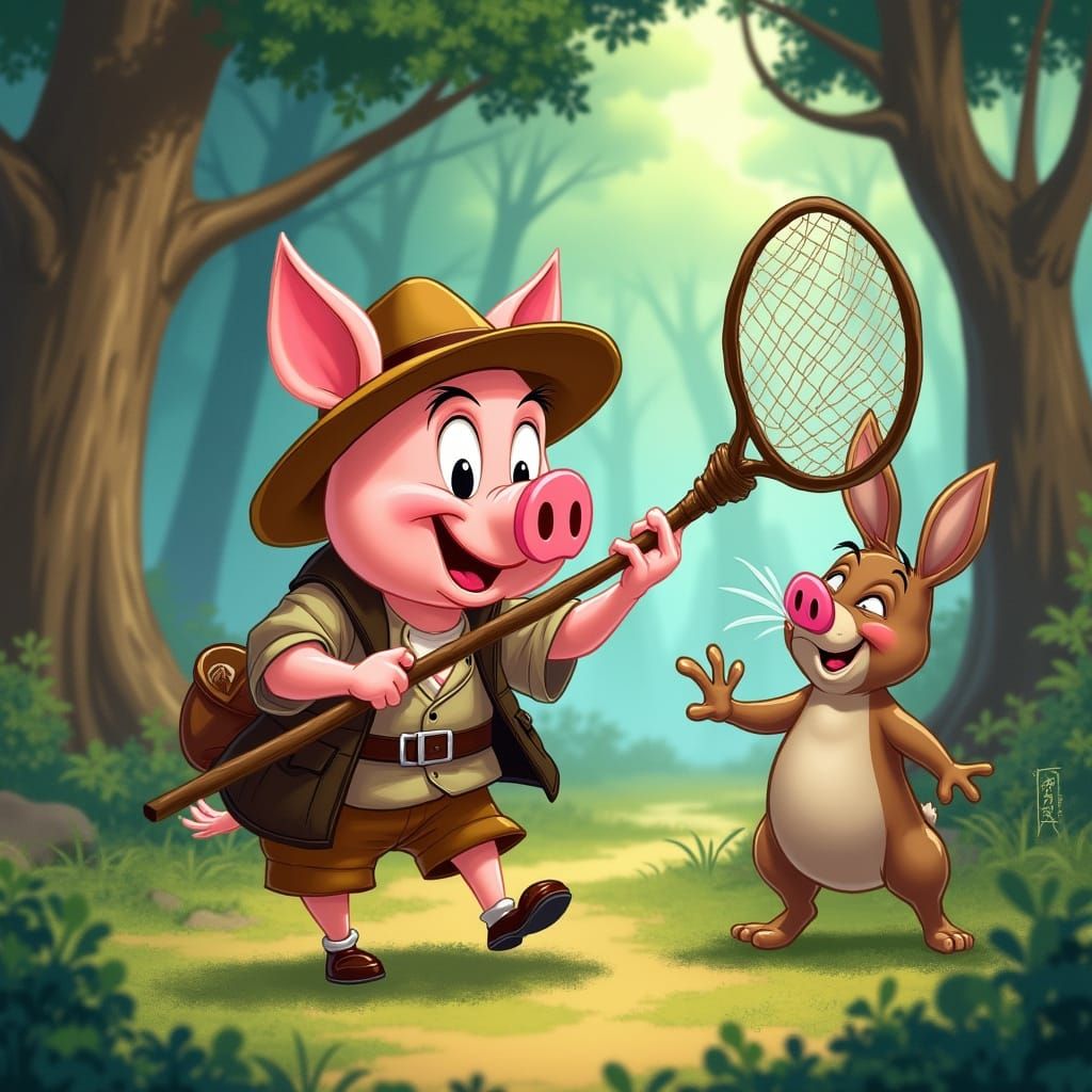 Porky Pig Chasing Wabbits in Whimsical Cartoon Style