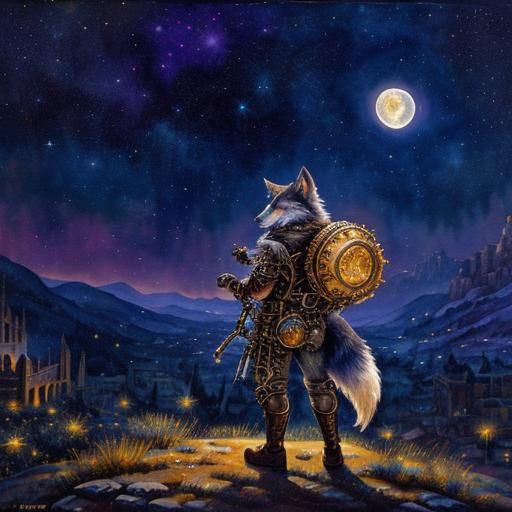 Steampunk Wolf Under Starry Sky in Gouache Style