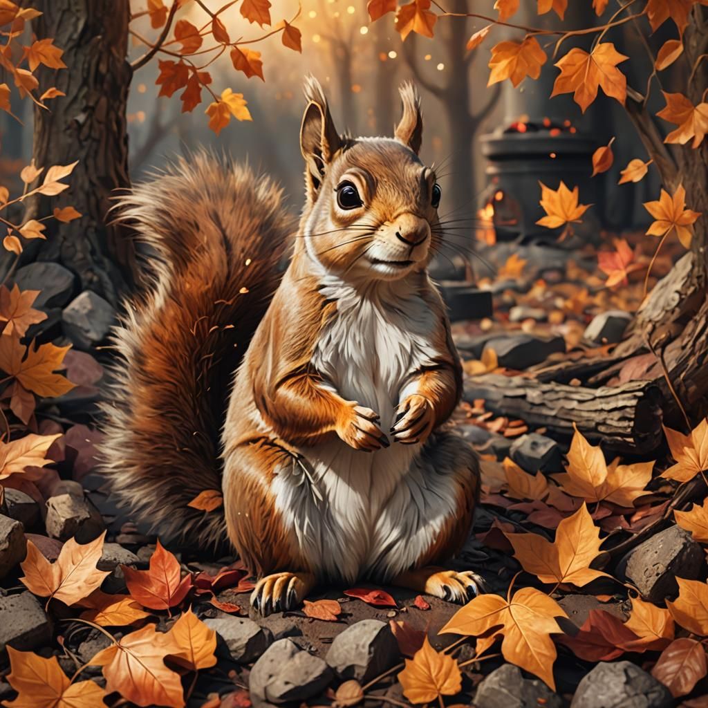 Squirrel by Cozy Fire in Autumnal Fantasy Art
