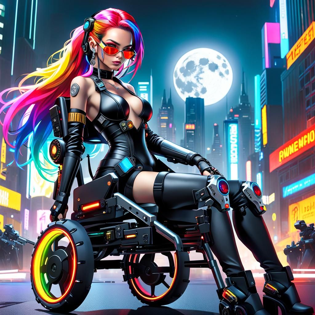 Cyberpunk Cyborg Girl in Wheelchair with Laser Rifle