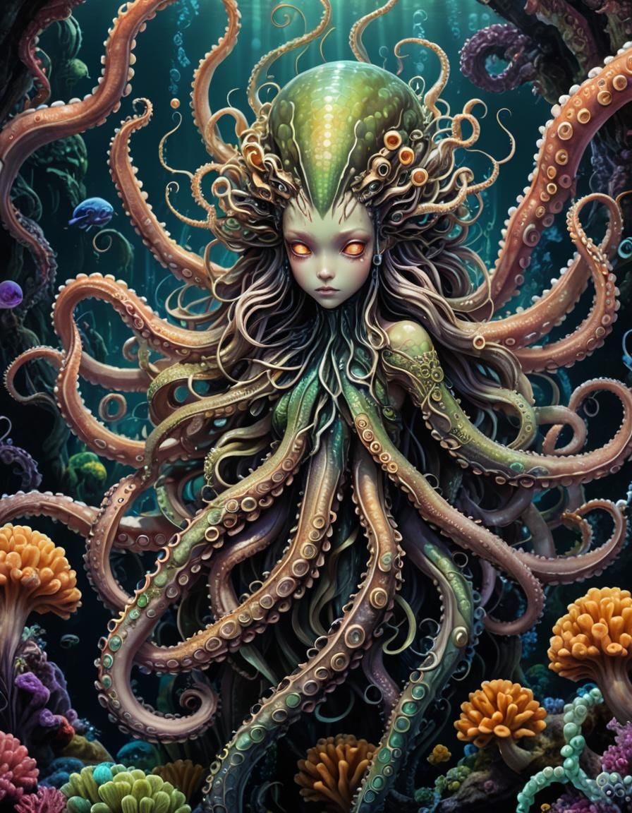 Octopus Mermaid in Biopunk Underwater Horror