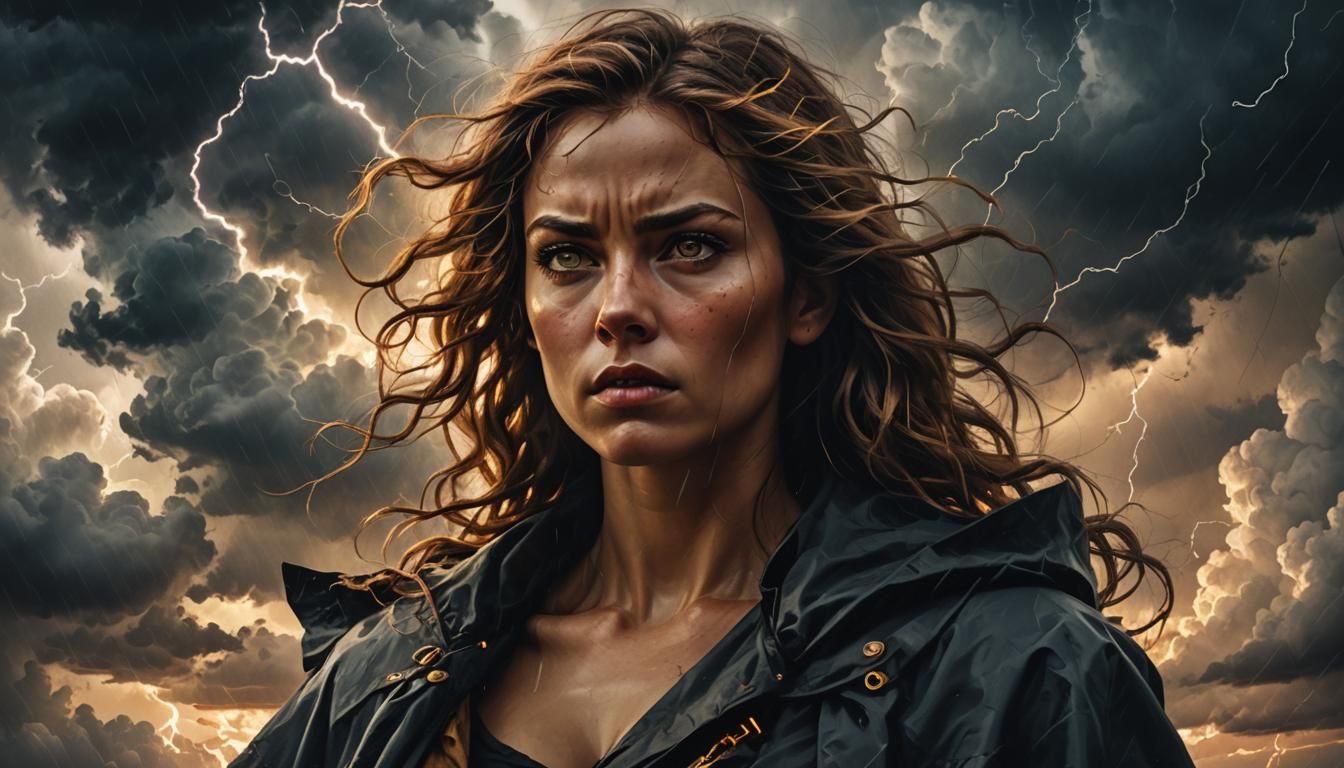 Fierce Woman in Stormy Dark Fantasy Landscape