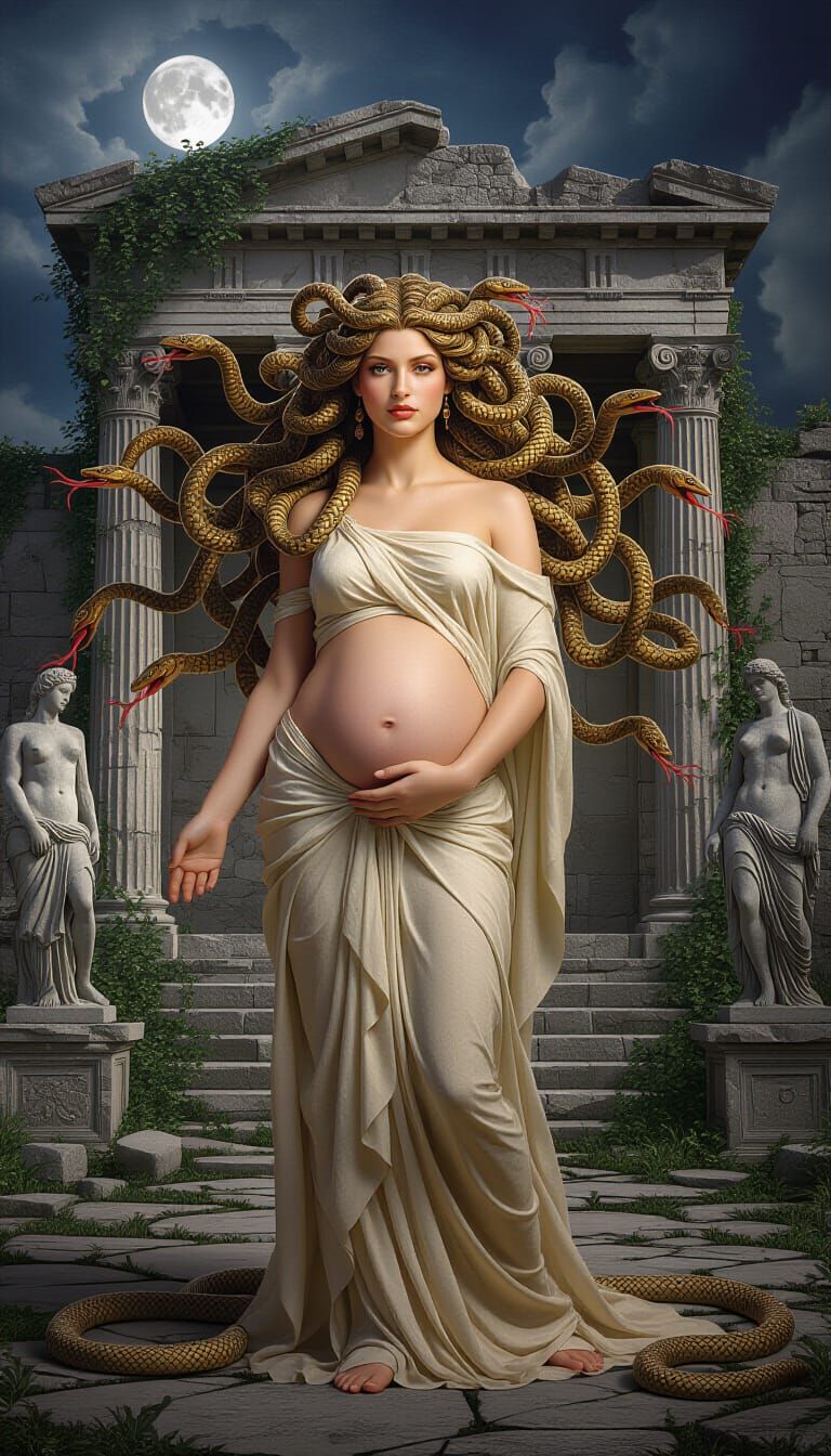 Pregnant Medusa in Surreal Cinematic Fantasy Style
